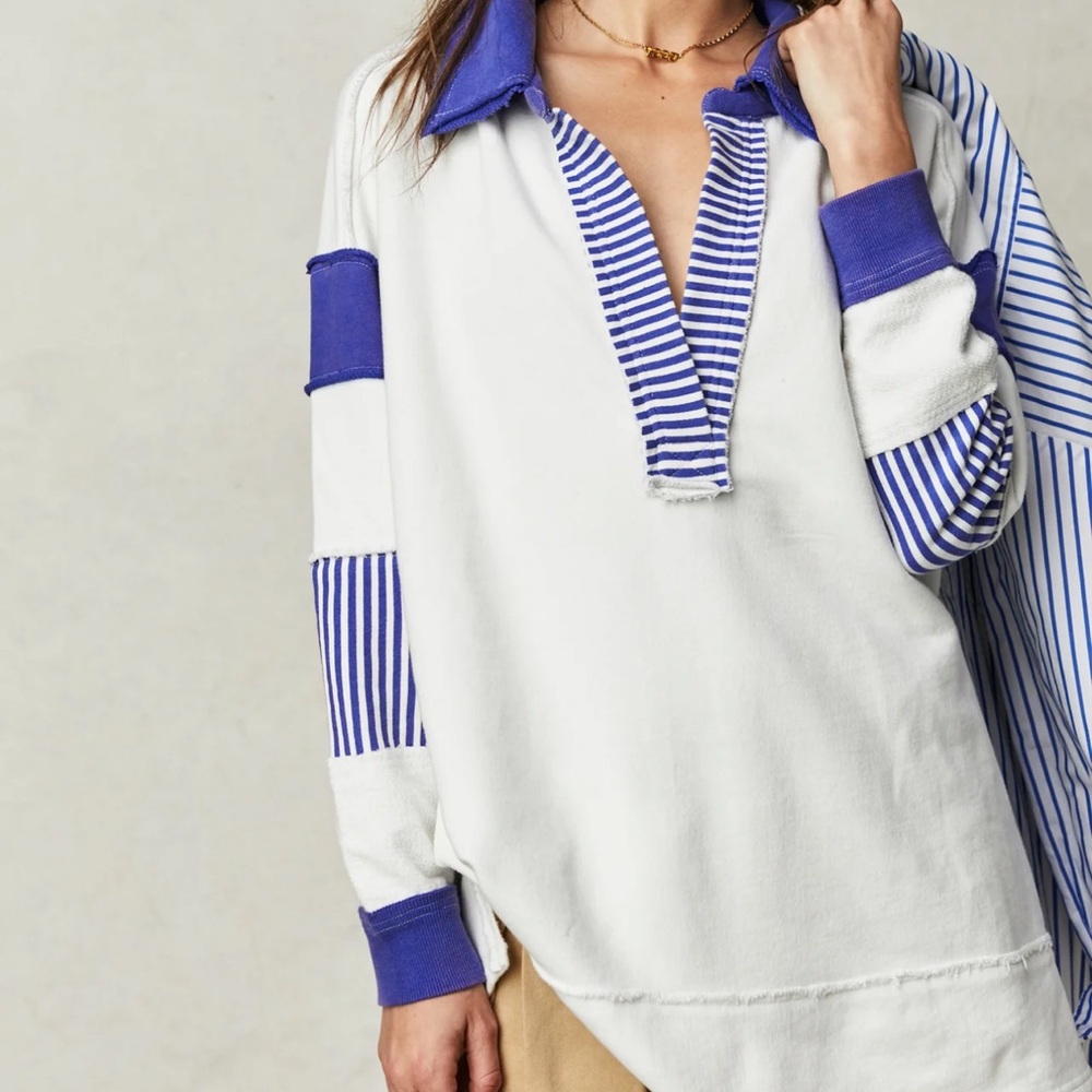 Free People We The Free Clean Prep Polo Pullover Top Oversized Striped L